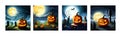 Banner set Jack O Lanterns halloween pumpkins and grave marker on dark foggy Royalty Free Stock Photo