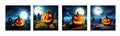 Banner set Jack O Lanterns halloween pumpkins and grave marker on dark foggy Royalty Free Stock Photo