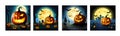 Banner set Jack O Lanterns halloween pumpkins and grave marker on dark foggy Royalty Free Stock Photo