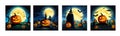 Banner set Jack O Lanterns halloween pumpkins and grave marker on dark foggy Royalty Free Stock Photo