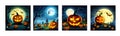 Banner set Jack O Lanterns halloween pumpkins and grave marker on dark foggy Royalty Free Stock Photo