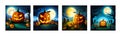 Banner set Jack O Lanterns halloween pumpkins and grave marker on dark foggy Royalty Free Stock Photo