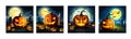 Banner set Jack O Lanterns halloween pumpkins and grave marker on dark foggy Royalty Free Stock Photo
