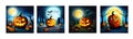 Banner set Jack O Lanterns halloween pumpkins and grave marker on dark foggy Royalty Free Stock Photo