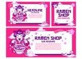 Banner Set of Japanese Kimono Woman Eating Ramen Illustration Royalty Free Stock Photo