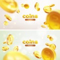 Banner set Realistic Gold coins flying. Color background.