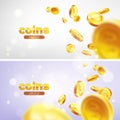 Banner set Realistic Gold coins flying. Color background.