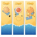 Banner set of Summer beach with turquoise rippled wave and umbrella beach in top view. Seascape background and sand texture.