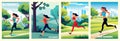 Banner set Training today cartoon landing page, sportswoman outdoor running