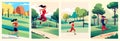 Banner set Training today cartoon landing page, sportswoman outdoor running