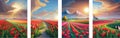 Banner set tulips flowers. Paint red tulip flowers at field with green blue sky Royalty Free Stock Photo