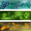 Banner with a set of viruses and bacteria. Viruses and bacteria under the microscope. Bacterial virus, microbial cells Royalty Free Stock Photo