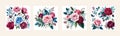 Banner set Watercolor floral bouquet lush pink blue red flower roses green leaf