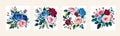 Banner set Watercolor floral bouquet lush pink blue red flower roses green leaf