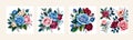 Banner set Watercolor floral bouquet lush pink blue red flower roses green leaf