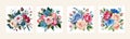Banner set Watercolor floral bouquet lush pink blue red flower roses green leaf Royalty Free Stock Photo