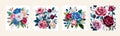 Banner set Watercolor floral bouquet lush pink blue red flower roses green leaf