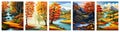 banner set Wild terrain with river and forest against backdrop mountains. autumn landscape vector Royalty Free Stock Photo