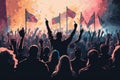 A banner showing a crowd with raised hands at a concert festival. Generative AI Royalty Free Stock Photo