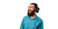 Banner size shot over white background of an ecstatic man wearing headphones.
