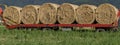 Banner size view of hay bales being lined up on a trailer to be transported off the field, Bientina, Italy Royalty Free Stock Photo