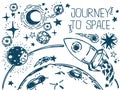 Banner with sketch stars, rocket, comets and planets