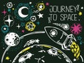 Banner with sketch stars, rocket, comets and planets