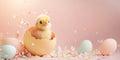 Banner with small chick hatching out of yellow easter egg Royalty Free Stock Photo