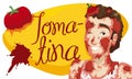 Young Man Covered with Tomatoes over Sign for Tomatina Festival, Vector Illustration Royalty Free Stock Photo