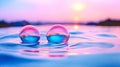 Banner with soap bubbles, shimmering pink and blue and reflecting the sky, above the serene water surface Royalty Free Stock Photo