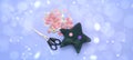 Banner Soft handmade toys. Materials for artistic buttons, scissors, toy star.