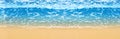 Banner with soft waves from the blue ocean on a sandy beach. Background of an empty beach with sea foam washing in from the sea. Royalty Free Stock Photo