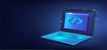 Banner Software development. 3D laptop with programming icon