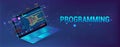 Banner Software Development. Programming, Web Site and App. Laptop with code and UI, UX interface. Development Software