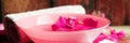 Banner Spa setting with rose pink flowers and petals,bath salt and body-oil Royalty Free Stock Photo