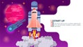 Banner space Shuttle rocket takes off into space fast startup for web and mobile sites design flat vector illustration Royalty Free Stock Photo