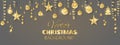 Banner with sparkling Christmas glitter ornaments. Golden fiesta border. Festive garland with hanging balls and ribbons.