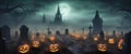 banner Spooky Halloween pumpkins forest with bats and scary trees. Happy Halloween background. Generative AI Royalty Free Stock Photo