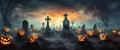 banner Spooky Halloween pumpkins forest with bats and scary trees. Happy Halloween background. Generative AI Royalty Free Stock Photo