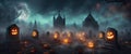 banner Spooky Halloween pumpkins forest with bats and scary trees. Happy Halloween background. Generative AI Royalty Free Stock Photo