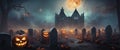 banner Spooky Halloween pumpkins forest with bats and scary trees. Happy Halloween background. Generative AI Royalty Free Stock Photo