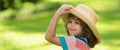 Banner with spring child face. Portrait of cheerful child in summer nature park. Cute joyful little boy kid. Close up Royalty Free Stock Photo