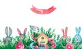 Banner Spring Easter composition house basket branches flowers eggs on white isolated background Festive symbolic elements