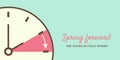 Banner Spring Forward in Minimalist style. Hand of face turning to Summer time. Reminder text Set clocks one hour Ahead in March Royalty Free Stock Photo