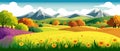 banner Spring landscape with green field and flowers cartoon rural farmland with mountain and forest Royalty Free Stock Photo