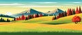 banner Spring landscape with green field and flowers cartoon rural farmland with mountain and forest Royalty Free Stock Photo