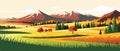 banner Spring landscape with green field and flowers cartoon rural farmland with mountain and forest Royalty Free Stock Photo