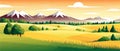 banner Spring landscape with green field and flowers cartoon rural farmland with mountain and forest Royalty Free Stock Photo