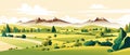 banner Spring landscape with green field and flowers cartoon rural farmland with mountain and forest Royalty Free Stock Photo