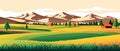 banner Spring landscape with green field and flowers cartoon rural farmland with mountain and forest Royalty Free Stock Photo